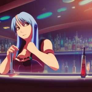 cyberpunk girl working behind a bar