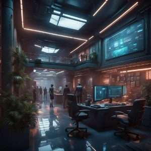 inside a cyberpunk office building