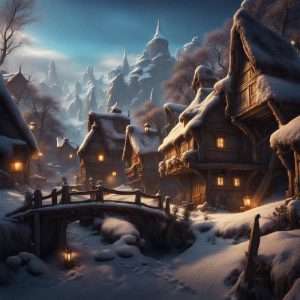 small fantasy village covered in snow