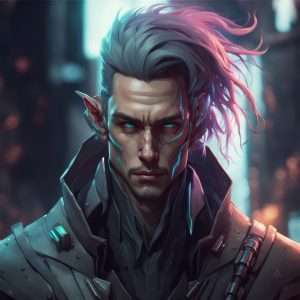 Elf exarch character for the cyberpunk & Sorcery RPG Lowlife 2090.