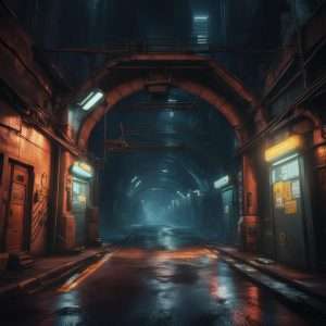 entrance to a dimly lit tunnel in a cyberpunk city.