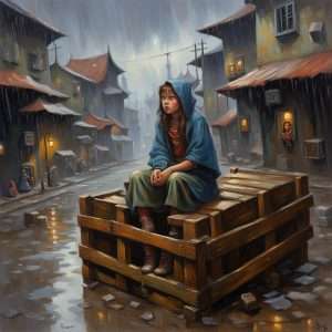 Lela the teenage girl sat on a crate begging for alms on the rain.