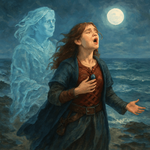 “Liska sings to the tide, her voice echoing through dusk as the spirit of her grandmother lingers beside her.”