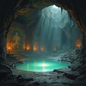 A chamber in a cave, a mural on the wall depicts a deity, a pool in the center of  chamber glows, light from an opening illuminates the room.
