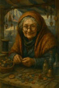 An elderly lady at her marketstall.